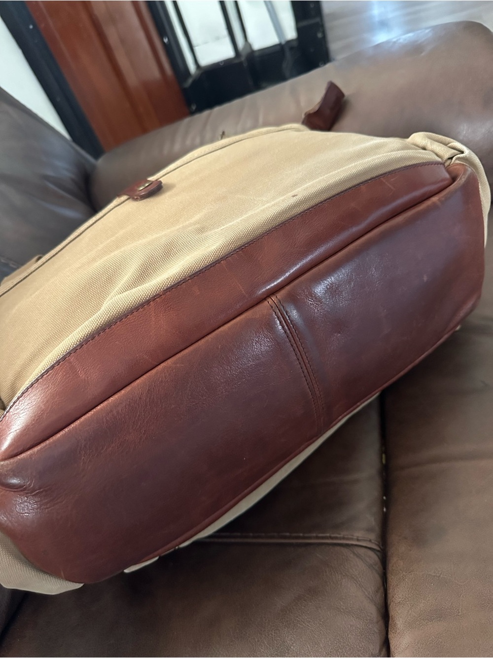 Duluth Trading Co Tan Canvas Duffel with Brown Leather Accents - Picture 6 of 13